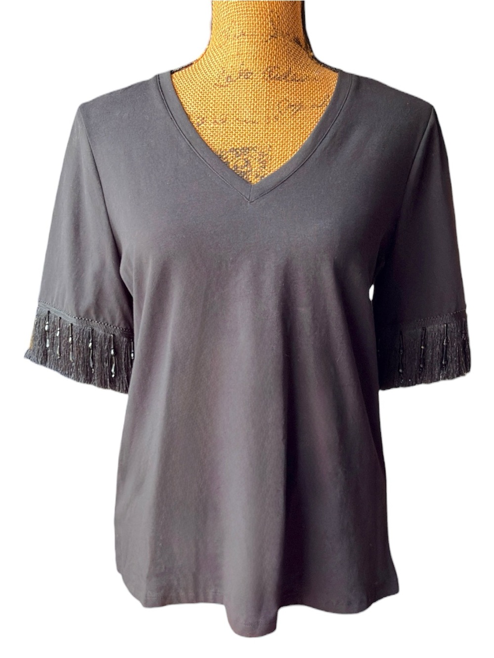 Chico's NWT black v-neck short sleeve top with fringe trim Women’s size M | yy1